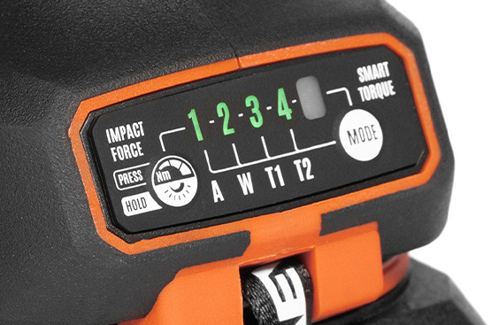 Винтоверт оснащен 4 предустановленными режимами крутящего момента: «1» - 20 Нм «2» - 30 Нм «3» - 80 Нм «4» - 220 Нм Переключение осуществляется кнопкой «Nm» на панели управления.